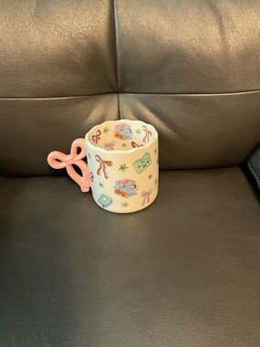 Ceramic Kids Mug with Pink Bow Handle and Book Motif